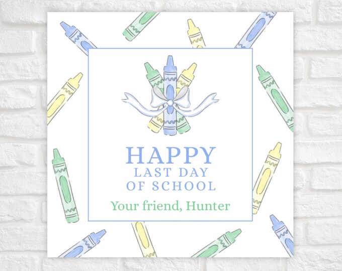 Printable Crayon End of School Class Gift Tag, Crayon Last Day of School Tag, Crayons and Bow Favor Tag, Treat Tag for Students or Teachers