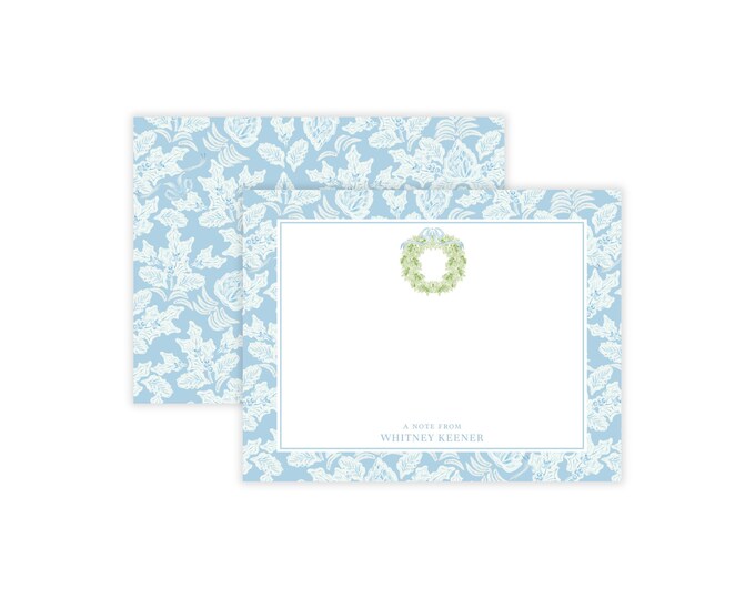 Blue Holly Toile with Wreath Note Cards