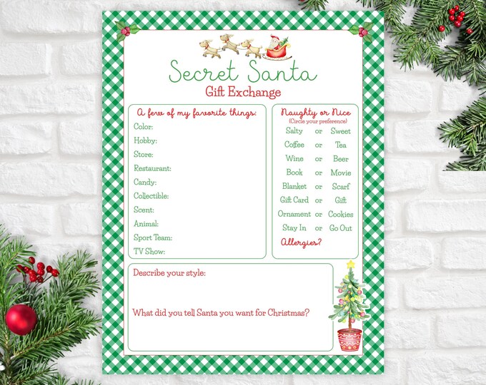 Secret Santa Questionnaire Printable, Secret Santa Form, Secret Santa for Work, Secret Santa Printable, Secret Santa Wish List, Christmas