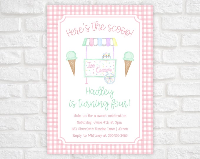 Ice Cream Cart Birthday Invitation, Ice Cream Truck Party Invitation, Here's the Scoop Invitation, Printable Ice Cream Birthday Invitation