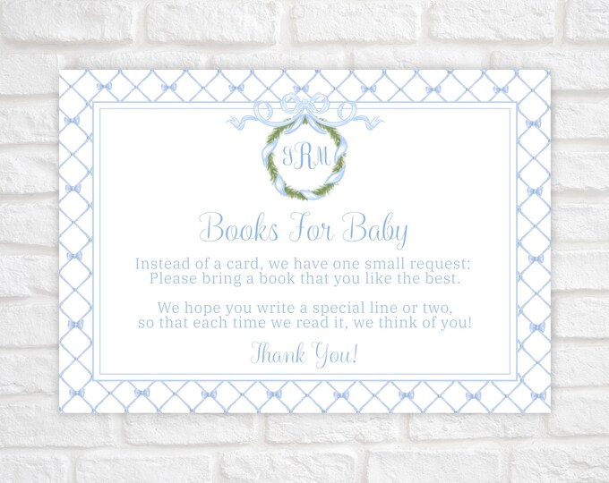 Books for Baby Card, Request Books instead of a Card, Baby Shower Invitation Enclosure, Monogram Book Request, Blue Bow Grandmillennial