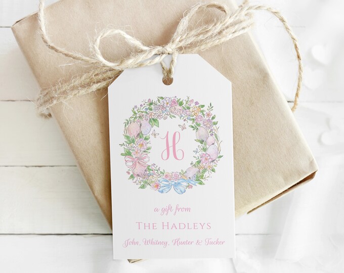 Personalized Spring Wreath Gift Tags, Printable Easter Gift Tags, Watercolor Monogram Spring Tags, Spring Enclosure Card, Everyday Gift Tags