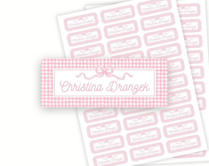 Personalized Pink Gingham and Bow School Name Labels