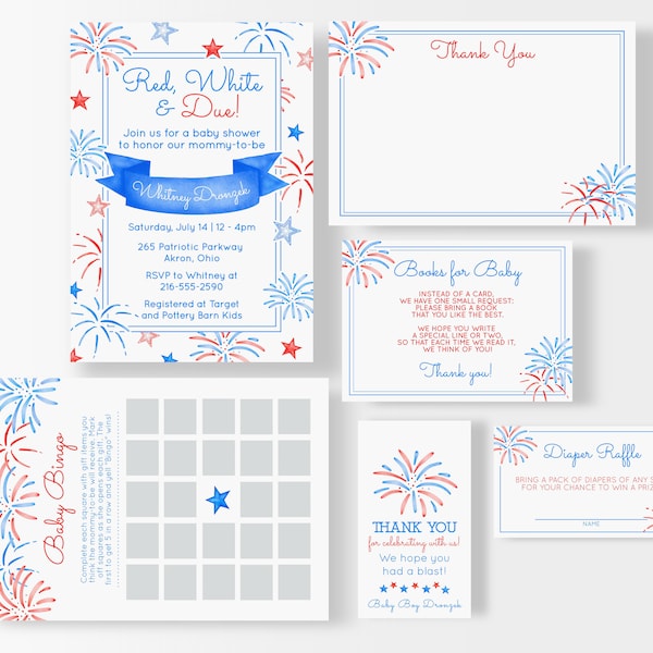 4th of July Baby Shower Bundle, Red White and Due Baby Shower, Patriotic Shower Invitation, Books For Baby, Baby Bingo, Diaper Raffle Cards
