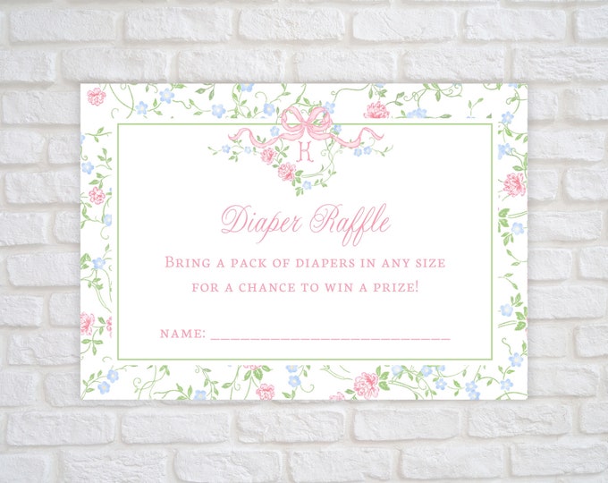 Floral Vines and Pink Bow Diaper Raffle Card