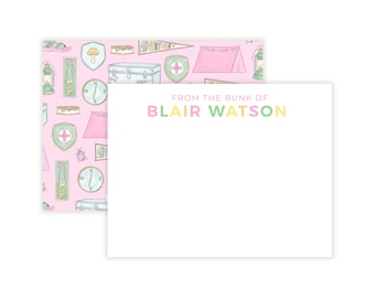 Personalized Camp Stationery Set for Girls | Pink Camp Note Cards | Summer Camp Notecards | Sleep Away Camp Mail | Custom Kids Note Cards