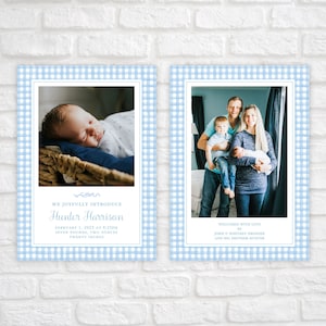 Faire-part de naissance bébé garçon imprimable, modèle de carte de vœux bébé, faire-part de naissance aquarelle Vichy bleu, carte de naissance