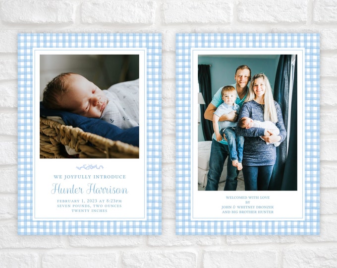Baby Boy Birth Announcement Card Printable, Baby Announcement Card Template, Blue Gingham Watercolor Birth Announcement Card, New Baby Card