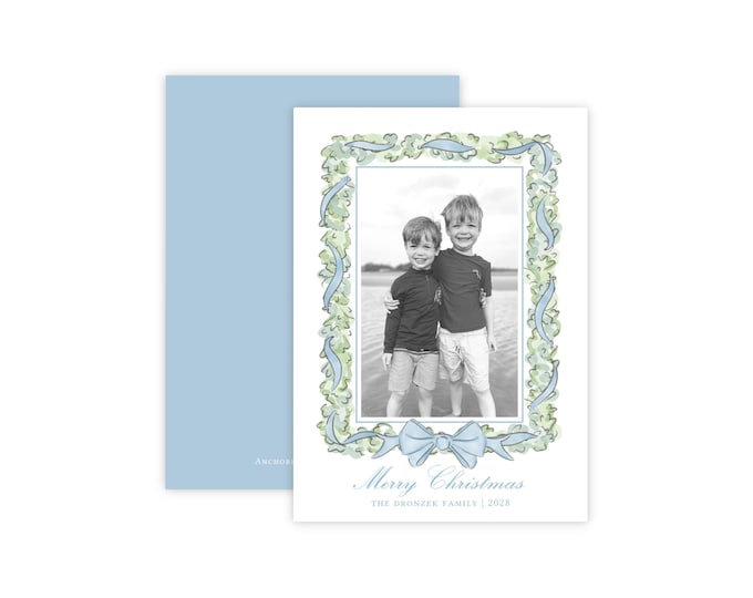 Blue Bow Garland Christmas Photo Card