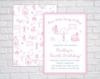 Playground Birthday Invitation for Girls, Park Party Birthday Invitation, Pink Toile Playground Birthday Invite, Park Birthday Party Invite