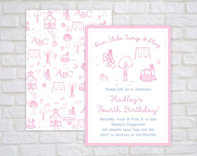 Playground Birthday Invitation for Girls, Park Party Birthday Invitation, Pink Toile Playground Birthday Invite, Park Birthday Party Invite