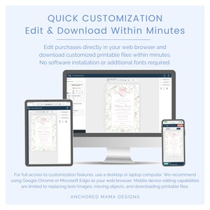 May include: A digital interface showing a desktop computer, tablet, and smartphone displaying a customizable baby shower invitation template. Text reads: QUICK CUSTOMIZATION Edit & Download Within Minutes. Anchored Mama Designs is at the bottom.