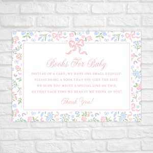 Boeken voor babykaart, boeken aanvragen in plaats van een kaart, bijlage babyshoweruitnodiging, boekverzoek, ditsy bloemenroze strik Grandmillennial