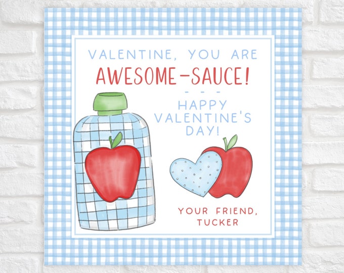Printable Valentine Cards for Kids, Applesauce Valentine Gift Tag, Awesome-sauce Valentine, Preschool Classroom Valentines, Digital Download