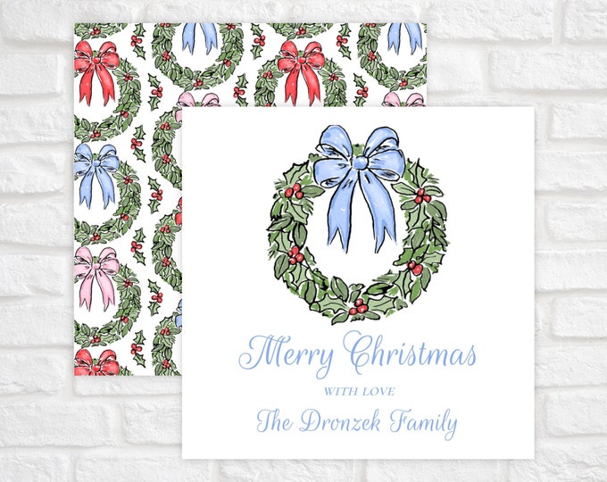 Blue Bow Wreath Christmas Gift Tags