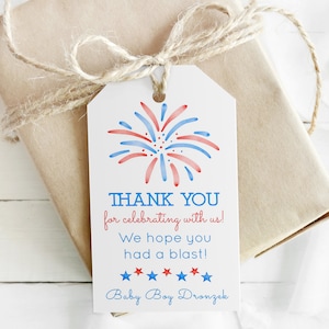 Tag stampabili per bomboniere del 4 luglio, Tag bomboniere per fuochi d'artificio del 4 luglio, Tag regalo per feste di compleanno del 4 luglio, Festa patriottica stampabile
