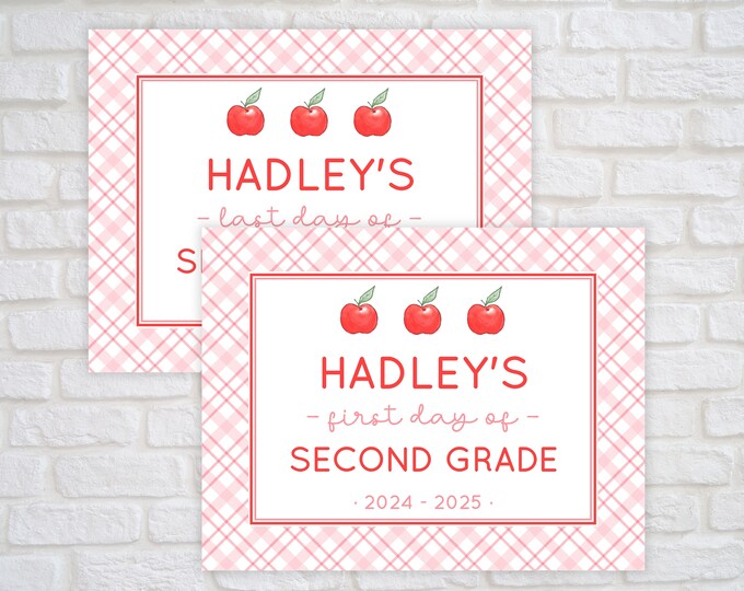 Pink Plaid Apple First Day of School Sign Printable