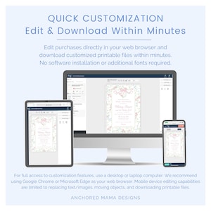 Puede incluir: Una interfaz digital que muestra una computadora de escritorio, una tableta y un tel&eacute;fono inteligente con una plantilla de invitaci&oacute;n para baby shower personalizable. El texto dice: QUICK CUSTOMIZATION Edit & Download Within Minutes.