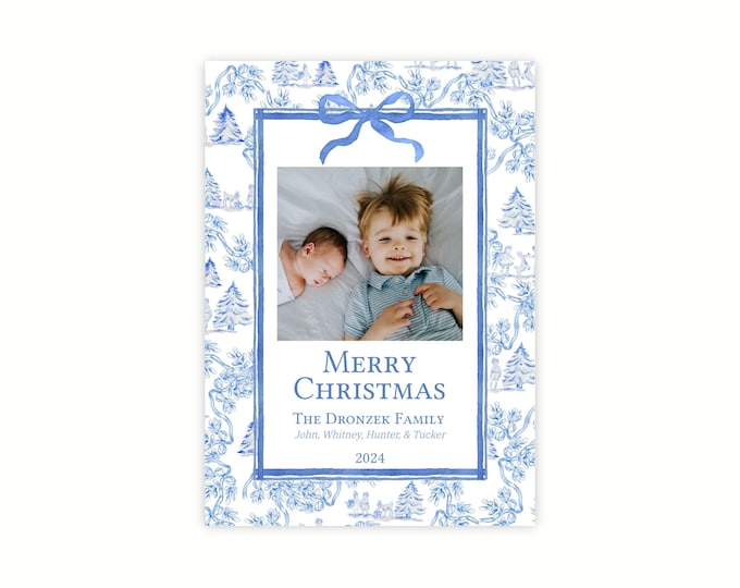 Watercolor Blue and White Toile Christmas Photo Card Template
