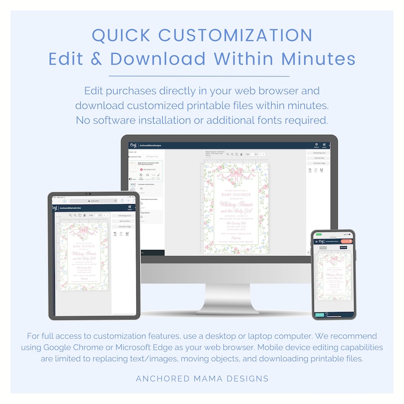 May include: A computer screen displaying a mockup of a baby shower invitation with pink and blue floral designs. The text on the invitation reads "Baby Shower" and "Whisky Flower and the Baby Girl". The screen is surrounded by other computer screens and a mobile phone, all displaying the same invitation.