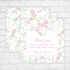 Printable Floral Baby Shower Thank You Tags Template, Floral Vine with Pink Bow Gift Tag, Coquette Girl Baby Shower Favor Tag Download