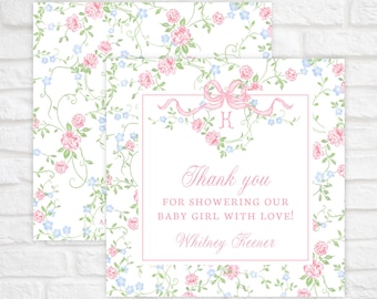 Printable Floral Baby Shower Thank You Tags Template, Floral Vine with Pink Bow Gift Tag, Coquette Girl Baby Shower Favor Tag Download