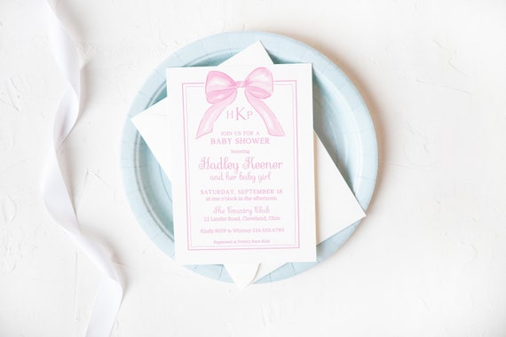 Printable Baby Shower Invitation, Digital Baby Shower Invitation, Pink Monogram Bow Invitation, Baby Girl Shower Invite, Invitation Template