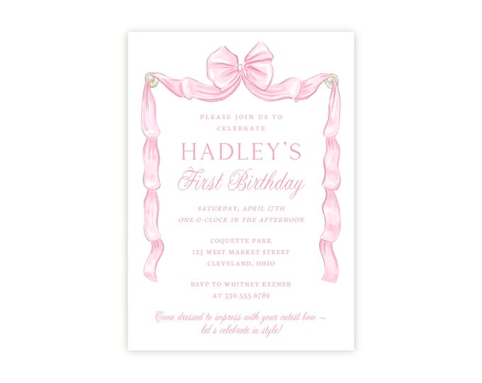 Fancy Pink Bow Birthday Party Invitation