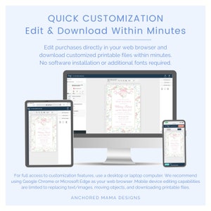 May include: A digital display shows a baby shower invitation on a desktop computer, tablet, and smartphone. The invitation features floral designs and the text "Baby Shower". The image includes the text "Quick Customization" and "Edit & Download Within Minutes".