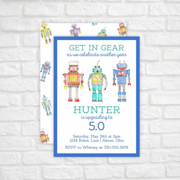 Robot Birthday Invitation Template, Printable Robot Birthday Party Invitation, Kids Robot Birthday Invitations, Watercolor Birthday Invite