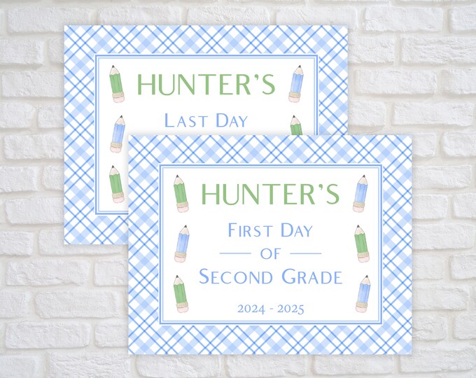 Blue Plaid and Pencil First Day of School Sign Printable
