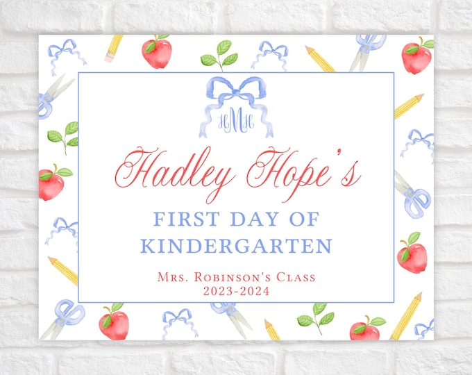 Printable Blue Bow and Apple Back to School Sign