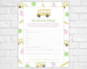 Get to Know the Teacher Questionnaire, Teacher Favorite Things Printable, Get To Know Your Teacher, Back to School, School Supplies Teacher