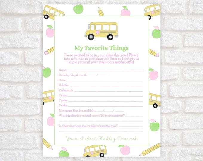 Get to Know the Teacher Questionnaire, Teacher Favorite Things Printable, Get To Know Your Teacher, Back to School, School Supplies Teacher