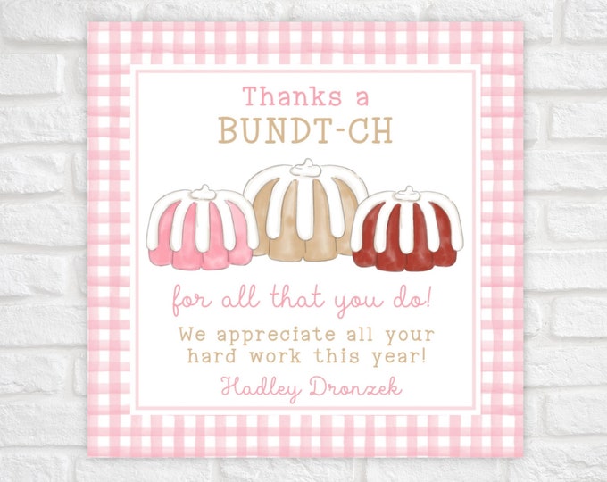 Printable Pink Gingham Thanks a Bundt-ch Appreciation Gift Tag