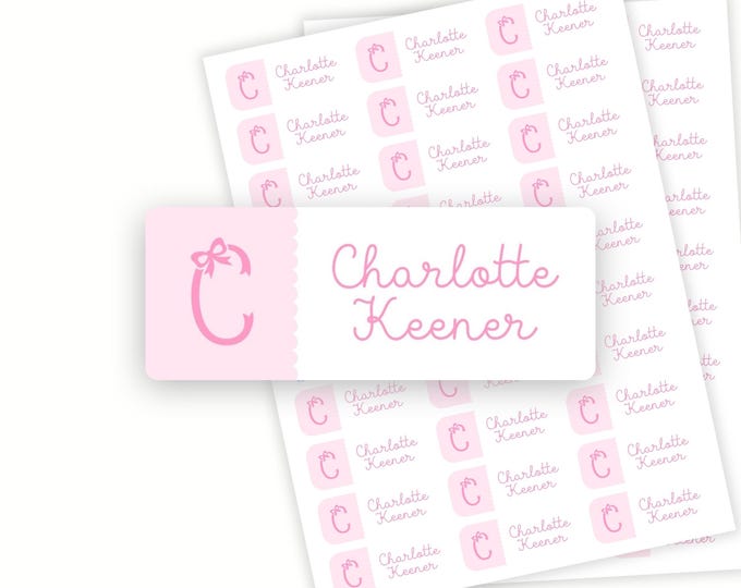 Personalized Pink Bow Initial School Name Labels