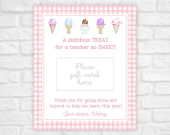 Printable Teacher Gift Card Holder, Sweet Treat End of Year Teacher Gift, Ice Cream Teacher Appreciation Gift Tag, Teacher Appreciation Week