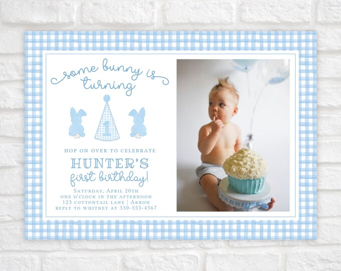 Some Bunny Is One Photo Birthday Invitation Template, Easter First Birthday Invitation for Boy, Blue Gingham Bunny 1st Birthday Invitation