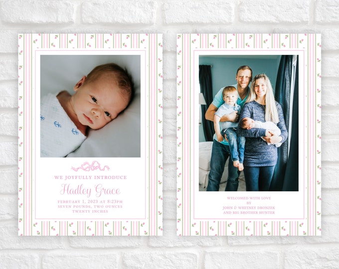 Printable Rosebud Baby Girl Birth Announcement Card