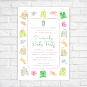 Printable Kentucky Derby Party Invitation, Horse Racing Party, Southern Watercolor Derby Hat and Bow Tie Party Invite, Digital Download image 2