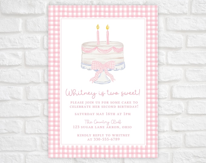 Two Sweet Birthday Invitation Template, Watercolor Birthday Cake Invitation, Printable 2nd Birthday Invitation for Girls, Grandmillennial