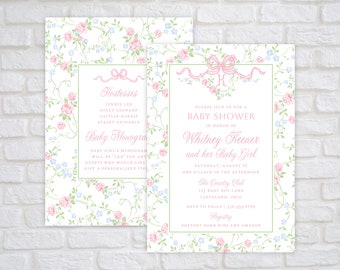 Printable Baby Girl Shower Invitation, Digital Baby Shower Invite, Watercolor Pink Bow and Floral Vines, Grandmillennial Invitation Template