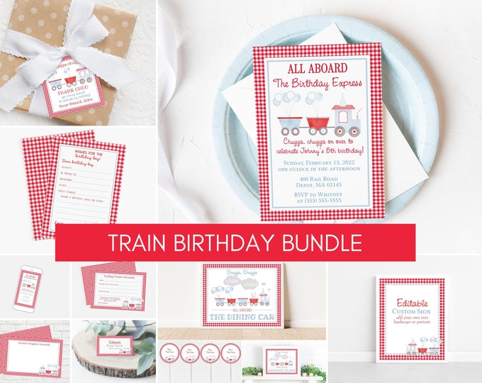 Editable Train Birthday Invitation Bundle, Train Birthday Party Decorations for Kids Bundle, Chugga Chugga Two Two Invitation, 1st Birthday