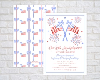 May include: A red, white, and blue invitation with a red, white, and blue bow and fireworks. The text reads "Our Little Miss Independent is turning one! Please join us to celebrate Whitney's first star-spangled birthday! Sunday, July 3rd, 2023 One o'clock in the afternoon The Country Club 123 Country Club Lane, Akron 44333 R.S.V.P. to Hadley 330-555-4657"