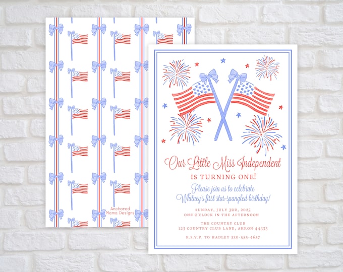 Fourth of July Birthday Invitation, American Flag and Fireworks Invitation, 4th of July First Birthday Party Invite, Girl Patriotic Birthday