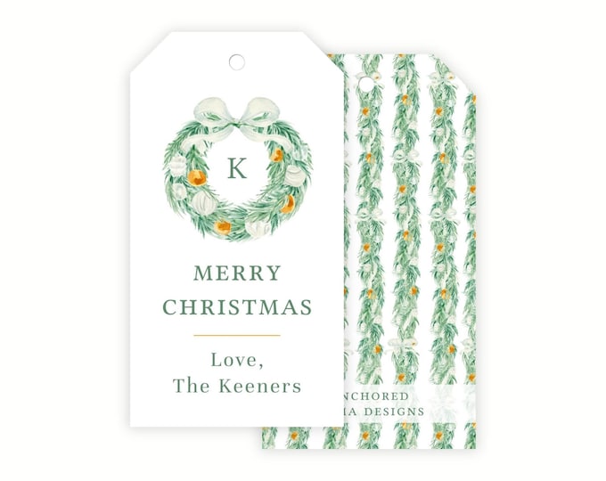 Monogrammed Christmas Wreath Holiday Tags