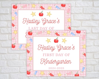 May include: Two pink and white gingham signs with red text. The top sign says "Hadley Grace's Last Day Of". The bottom sign says "Hadley Grace's First Day Of Kindergarten 2024-2025". Both signs are decorated with red apples, yellow stars, and blue and red pencils.