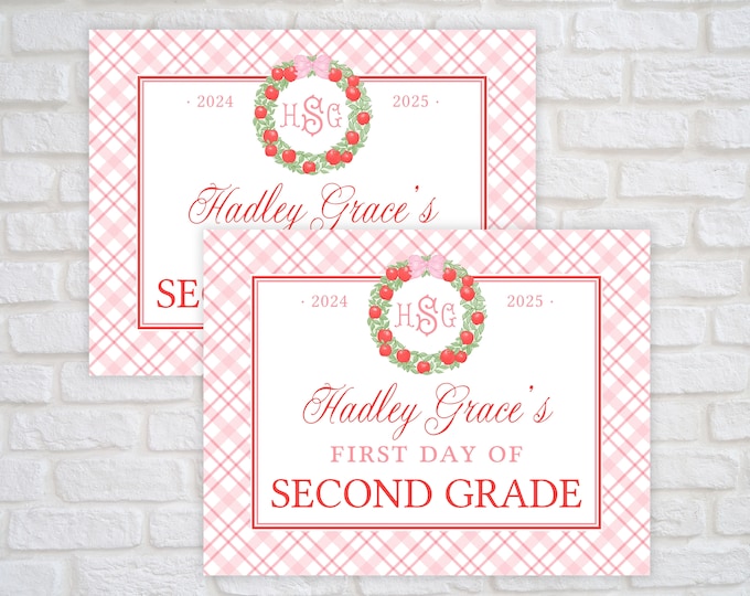 Monogram Pink Plaid Back to School Sign