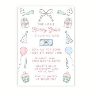 Printable Pastel Birthday Invitation for Girls, Girl First Birthday Party Invite, Preppy Classic One Year Birthday Invitation Template
