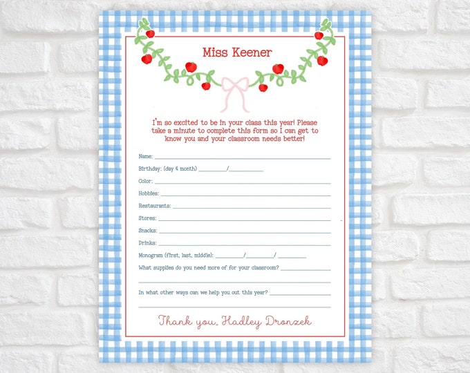 Printable Teacher Questionnaire Editable, Getting to Know You Questionnaire Printable, Teachers Favorite Things, Back to School
